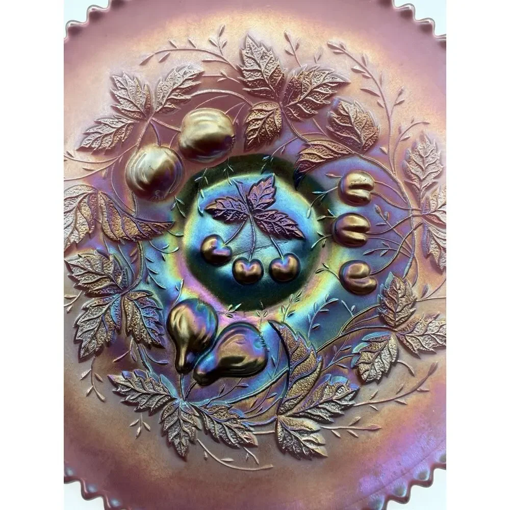 Northwood Amethyst Carnival Glass THREE FRUITS Footed Plate 9” Sawtooth Antique